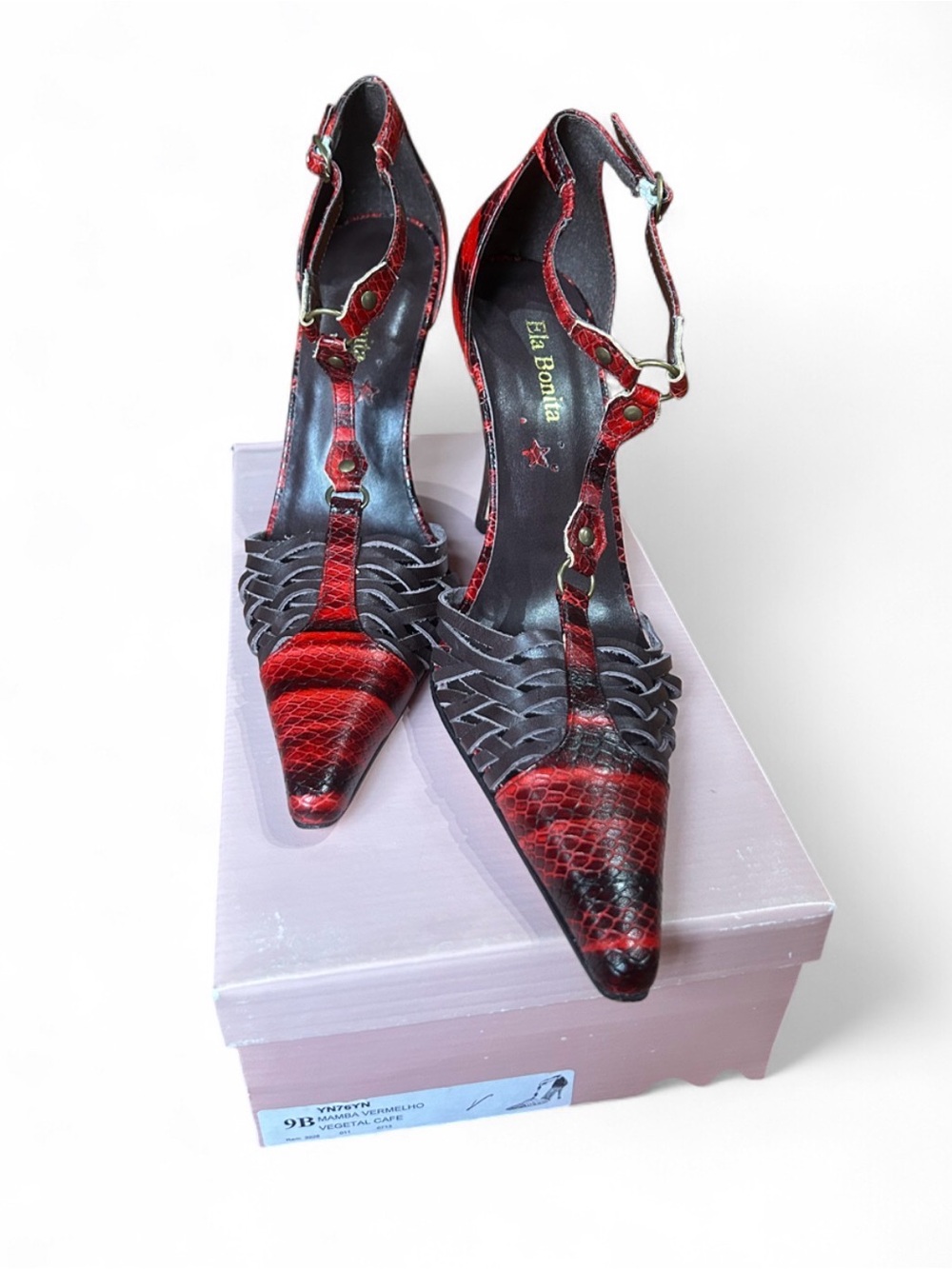 Brazilian Design Ela Bonita Red&coffee brown Snake-Print T-Strap Pointed Toe